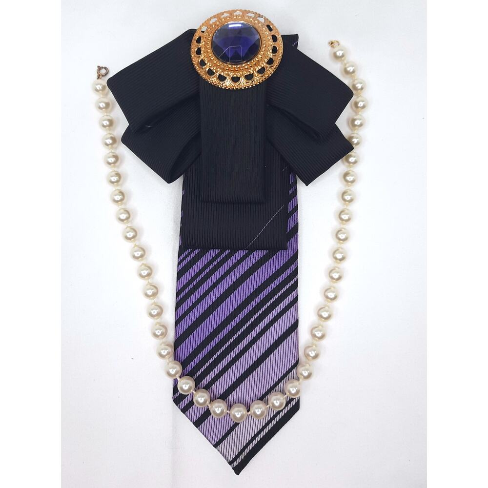 Artisan Vintage Tie Necklace Upcycled Black Purple Gold Jewel Accent Faux Pearls - Picture 5 of 8